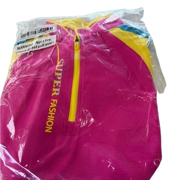 Color Block Zip Front Pink Blue Yellow Shirt - Picture 2 of 7